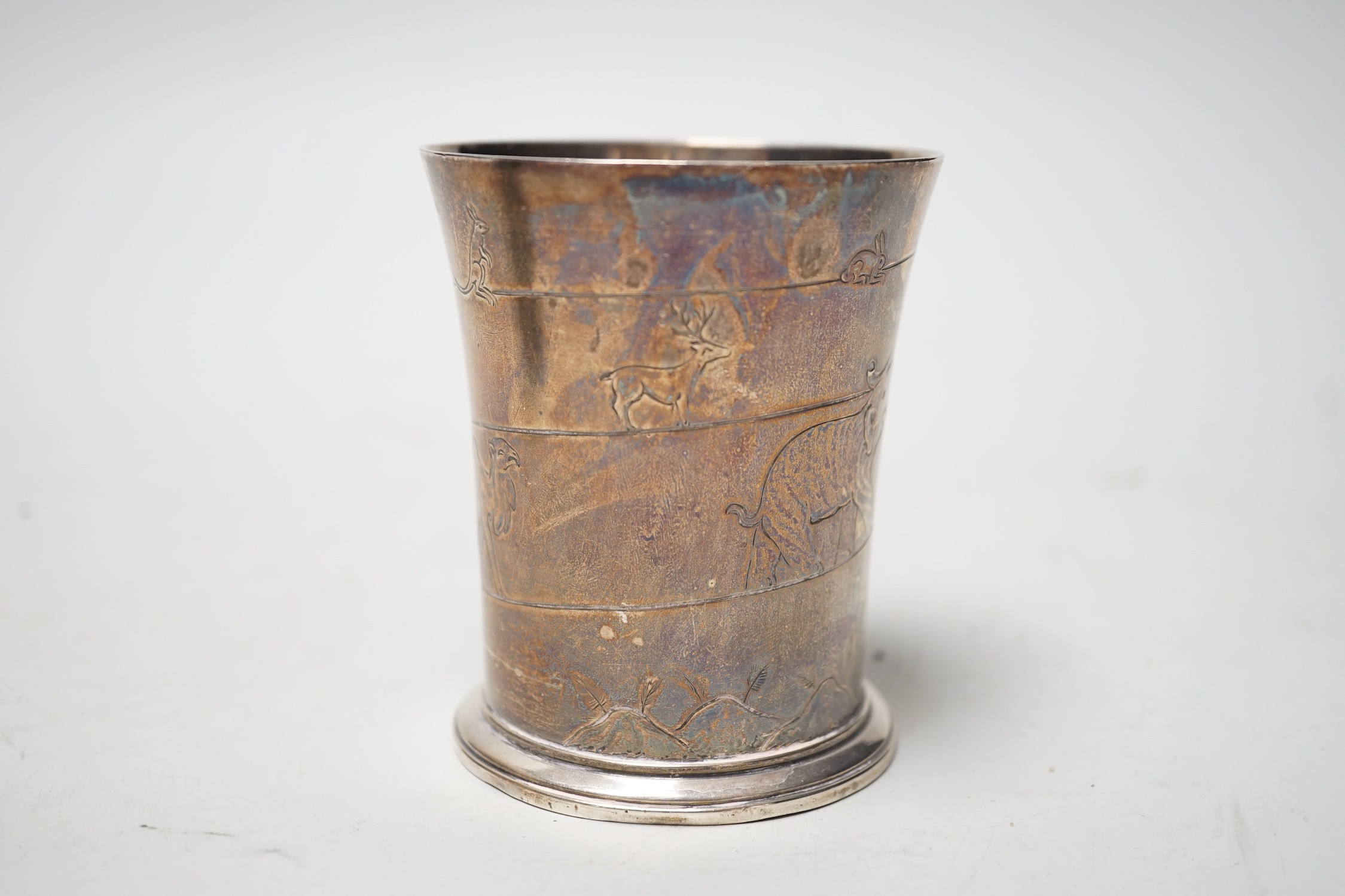 A Harrods silver christening cup decorated with Noah's Ark and animals, Birmingham, 1939, 82mm, 4.5oz.